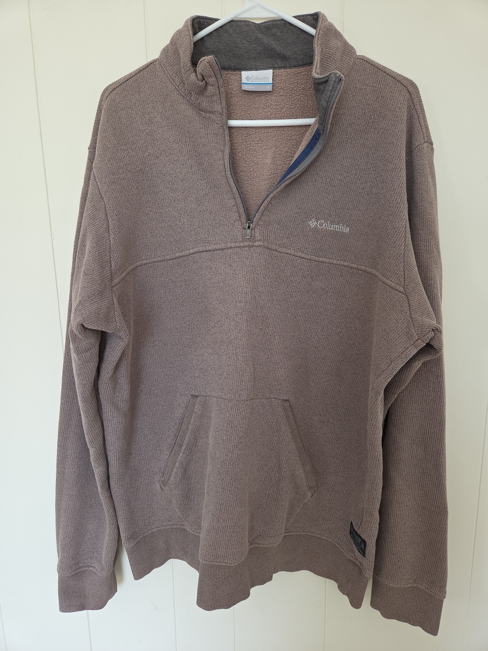 Columbia Men's Large 1/4 Zip Fleece Lined Pullover Sweater Taupe Brown Pocket